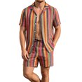 thumbnail image 1 of QSAWXQZ Men's Vintage Jacquard 2PC Outfits Set Lapel V Neck Short Sleeves Shirt Elastic Waist Shorts with Pockets Athletic Outfit for Summer XL, 1 of 9