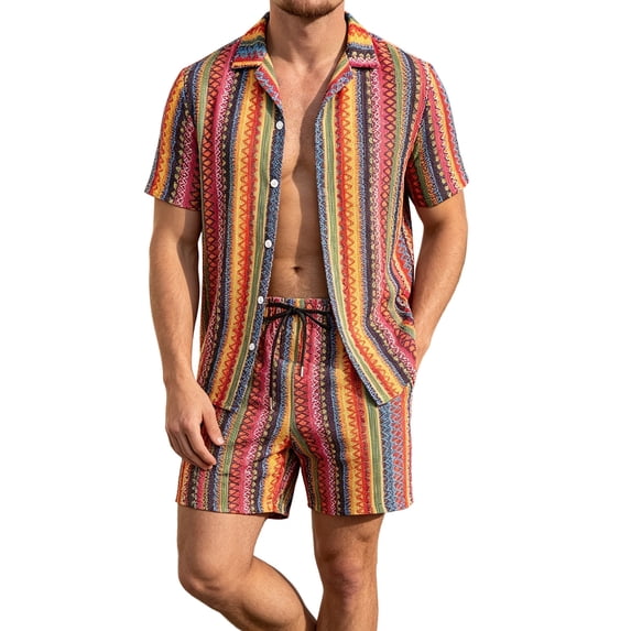QSAWXQZ Men's Vintage Jacquard 2PC Outfits Set Lapel V Neck Short Sleeves Shirt Elastic Waist Shorts with Pockets Athletic Outfit for Summer XL