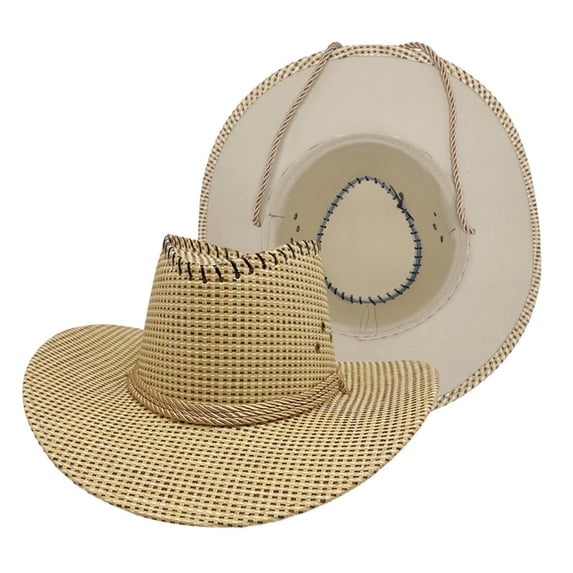 QSAWXQZ Men's Vintage Straw Cowboy Hat Wide Brim Sun Protection with Chin Strap Breathable Beach Ranch Cap M