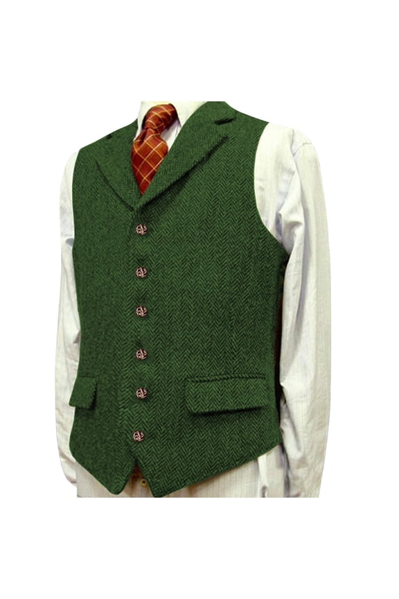 Men's Vintage Tweed Vest Herringbone Slim V Neck Sleeveless Waistcoat Jacket for Wedding Groomsmen Casual Business Green L