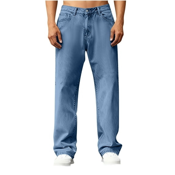 QSAWXQZ Men's Washed Solid Denim Jeans Button Zip Straight Leg Loungewear Pants with Pockets Dark Blue XL