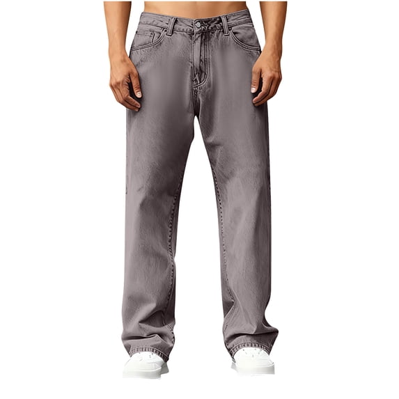 QSAWXQZ Men's Washed Solid Denim Jeans Button Zip Straight Leg Loungewear Pants with Pockets Gray XL