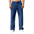 thumbnail image 1 of QSAWXQZ Men's Washed Solid Denim Jeans Button Zip Straight Leg Loungewear Pants with Pockets Light Blue L, 1 of 9