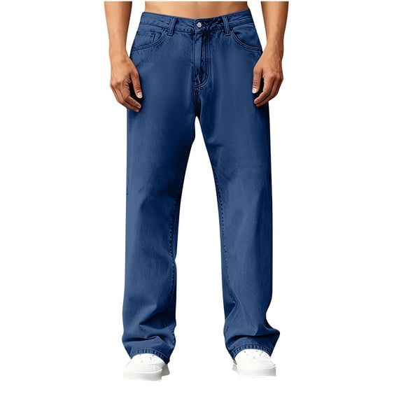 QSAWXQZ Men's Washed Solid Denim Jeans Button Zip Straight Leg Loungewear Pants with Pockets Light Blue L