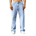 thumbnail image 1 of QSAWXQZ Men's Washed Solid Denim Jeans Button Zip Straight Leg Loungewear Pants with Pockets Sky Blue S, 1 of 9