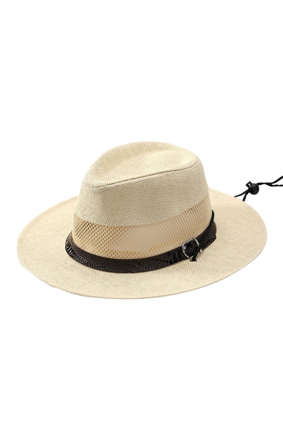 Men's Woven Panama Hat Breathable Sun Hat with Faux Crocodile Leather Band and Chin Cord for Outdoor Hiking Travel Beige Free Size
