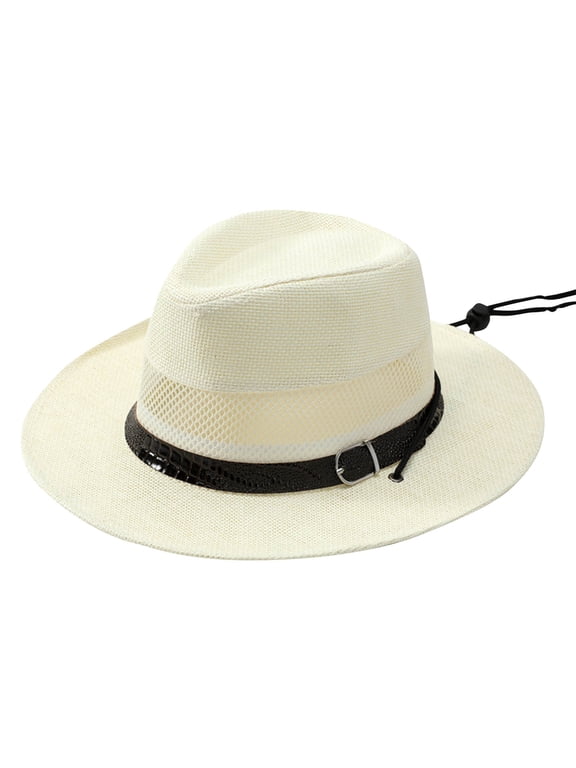 Men's Woven Panama Hat Breathable Sun Hat with Faux Crocodile Leather Band and Chin Cord for Outdoor Hiking Travel White Free Size
