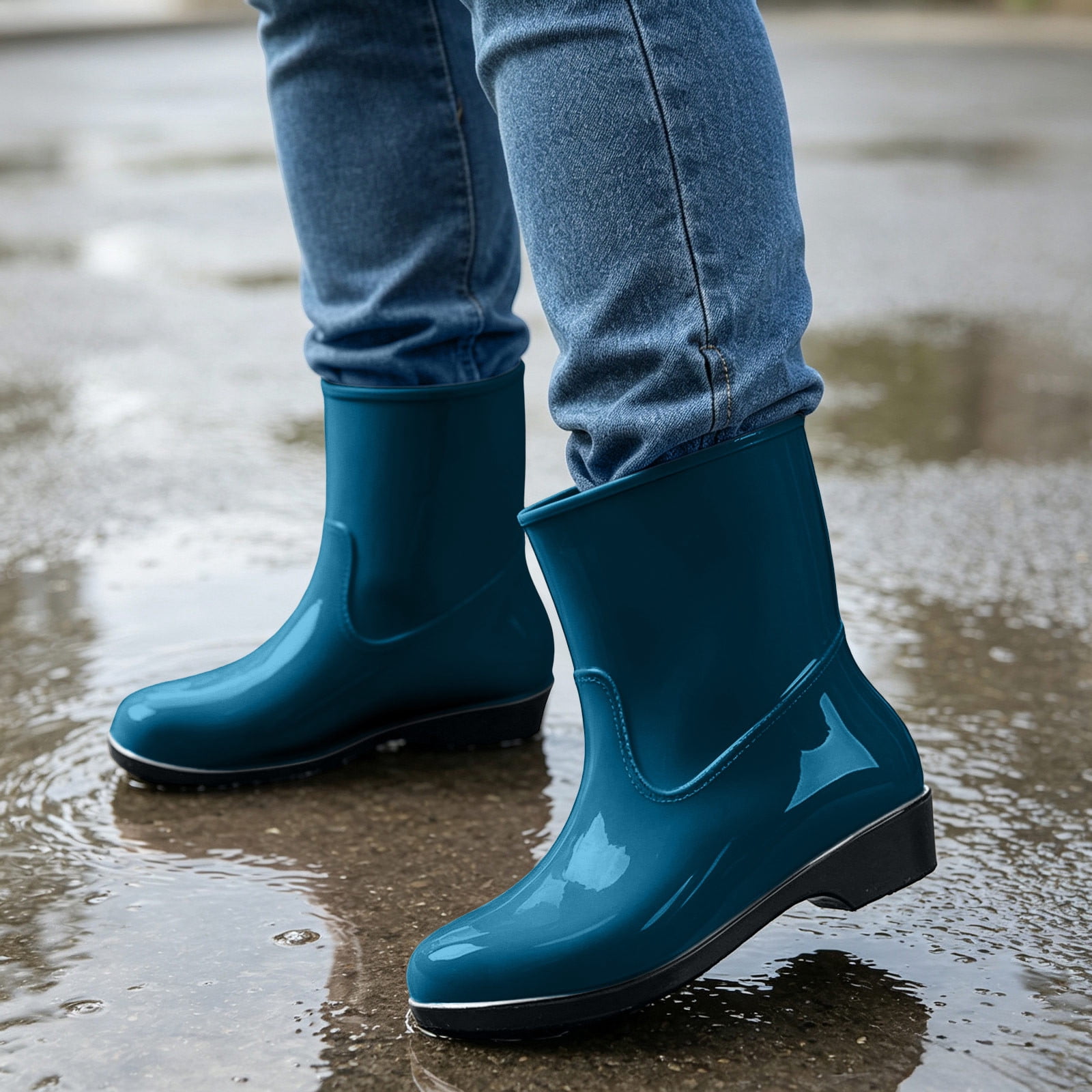 QSAWXQZ Rain Boots for Women Mid Calf Glossy PVC Pull on Low Heel Solid ...