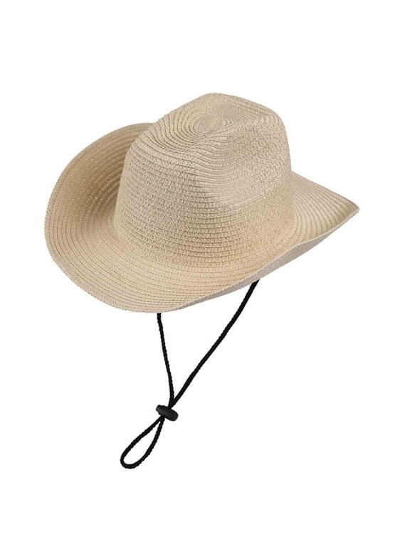 Unisex Classic Woven Cowboy Hat Rolled Up Brim Western Sun Cap with Adjustable Chin Strap for Outdoor Working Beige M