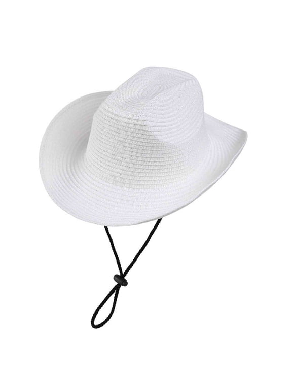 Unisex Classic Woven Cowboy Hat Rolled Up Brim Western Sun Cap with Adjustable Chin Strap for Outdoor Working White M
