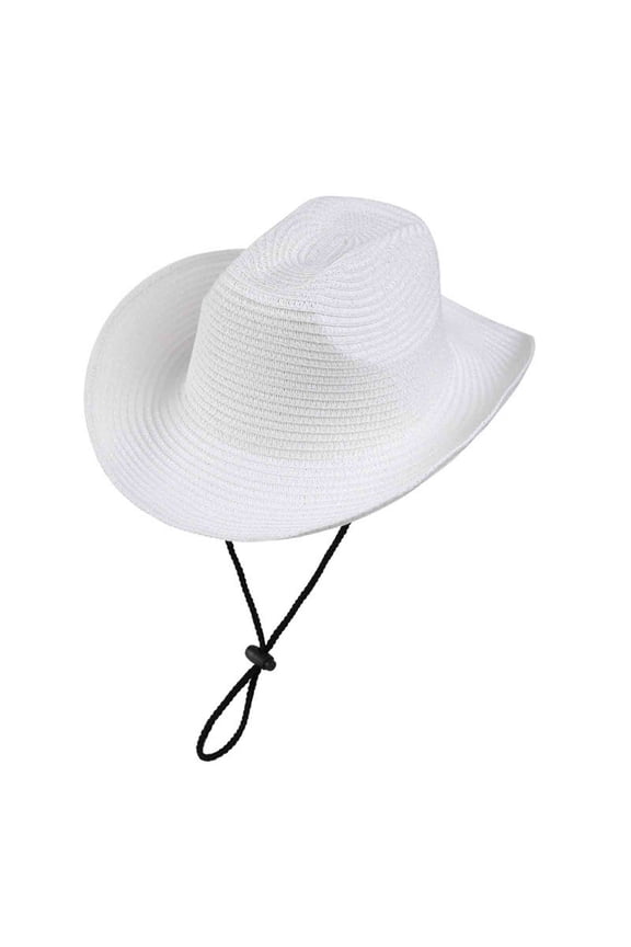 Unisex Classic Woven Cowboy Hat Rolled Up Brim Western Sun Cap with Adjustable Chin Strap for Outdoor Working White M
