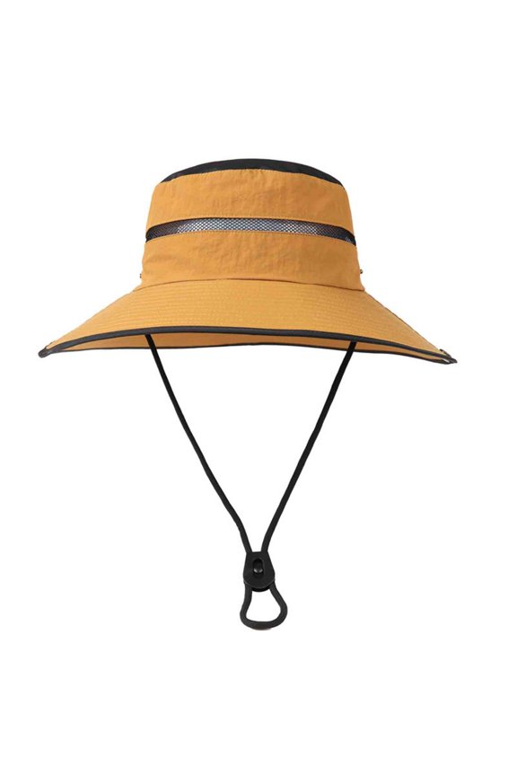 Unisex Foldable Bucket Hat Wide Vintage Brim Sun Cap with Mesh Ventilation Panel and Chin String for Women Men Summer Outdoor Work Yellow M