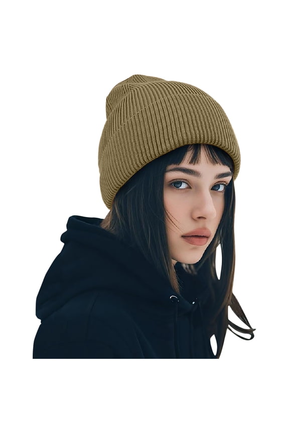 Unisex Ribbed Knit Cuff Beanie Hat Stretchy Warm Winter Skull Cap Classic Headwear for Skiing and Daily Khaki Free Size