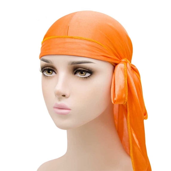 QSAWXQZ Unisex Silky Satin Long Tail Wave Cap Solid 360 Waves Headwrap Orange Free Size