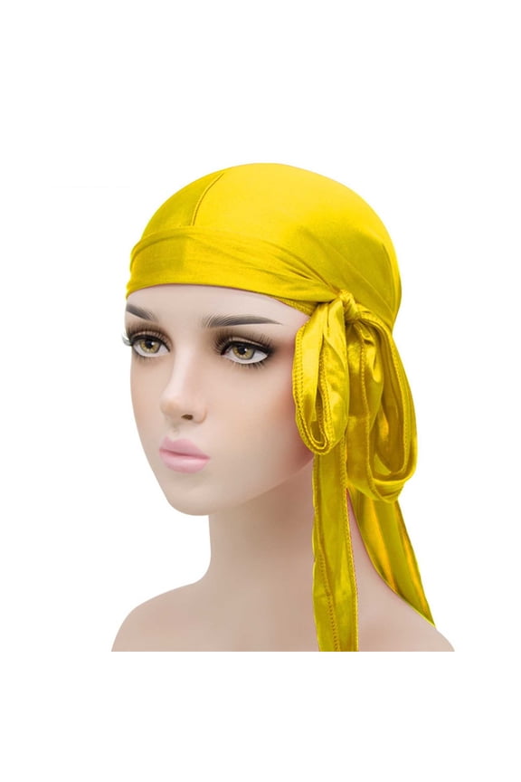 Unisex Silky Satin Long Tail Wave Cap Solid 360 Waves Headwrap Yellow Free Size