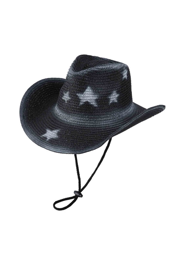 Unisex Woven Western Cowboy Hat Breathable Sun Cap with Star Pattern Chin Cord Women Men for Outdoor Black M