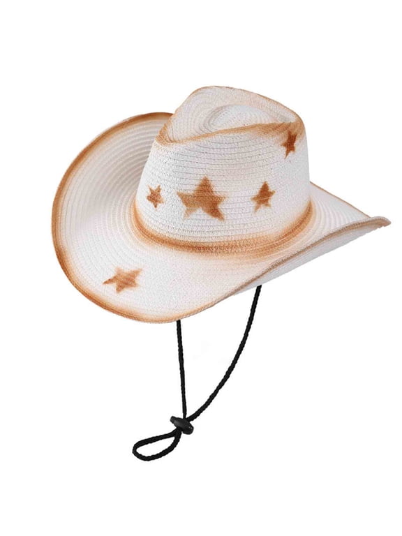 Unisex Woven Western Cowboy Hat Breathable Sun Cap with Star Pattern Chin Cord Women Men for Outdoor White M