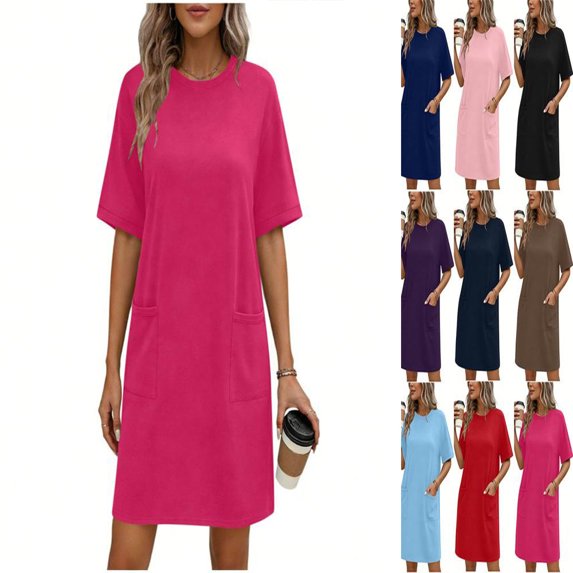 QSAWXQZ Women Plus T Shirt Dress Pockets Short Sleeve Crew Neck Loose Mini Dress for Summer 4XL