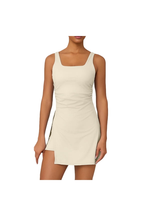 Women's 2 Piece Bodycon Athletic Dress Built in Shorts Square Neck Open Back Ruched Sleeveless Side Slit Workout Tank Mini Skort Dress for Tennis Golf M