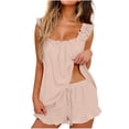 thumbnail image 1 of QSAWXQZ Women's 2 Piece Flannel Pajama Set Ruffle Sleeveless Square Neck Top and Drawstring Shorts Soft Loose Loungewear Beige S, 1 of 8