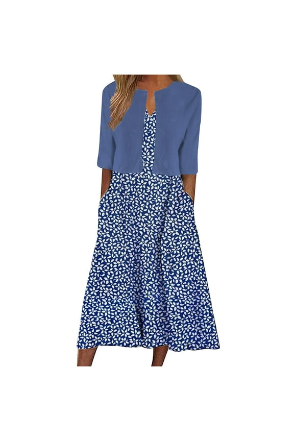 Women's 2 Piece Jacket Dress Set 3/4 Sleeve Cardigan Floral Print Maxi Dress Mother of the Bride Wedding Guest Navy L