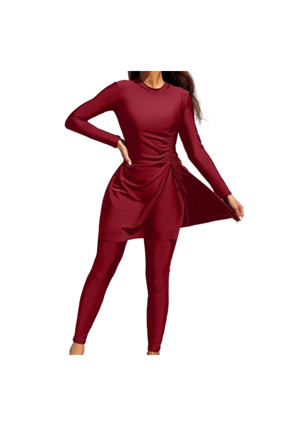 Women's 2 Piece Long Sleeve Modest Swimwear Set Full Coverage Swim Dress with Ankle Length Leggings Ruched Tie Side Sun Protection Athletic Swimsuit XL
