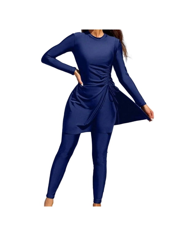Women's 2 Piece Long Sleeve Modest Swimwear Set Full Coverage Swim Dress with Ankle Length Leggings Ruched Tie Side Sun Protection Athletic Swimsuit S