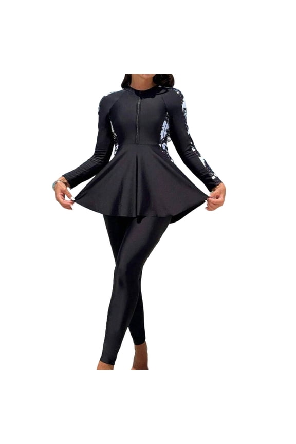 Women's 2 Piece Long Sleeve Rash Guard One Piece Swimsuit with Swim Trunks Zipper Front Floral Print Modest Bathing Suit Sun Protection Swim Dress S