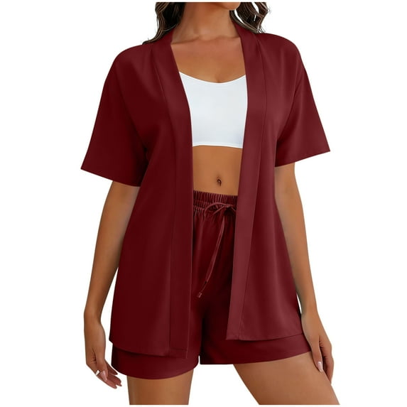 QSAWXQZ Women's 2 Piece Matching Set Open Front Short Sleeve Cardigan Elastic Waist Drawstring Shorts Loungewear Set with Pockets for Beach Vacation S
