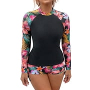 QSAWXQZ Women's 2 Piece Rash Guard Set Long Sleeve Mock Neck Swim Shirt with Board Shorts Print Quick Dry Sun Protection Surfing Bathing Suit M
