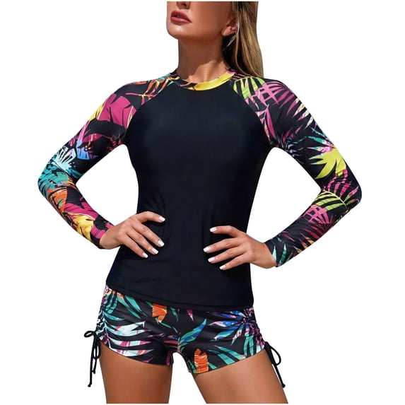 QSAWXQZ Women's 2 Piece Rash Guard Set Long Sleeve Swim Shirt with Boy Shorts Print Crew Neck Sun Protection Surfing Suit 2XL