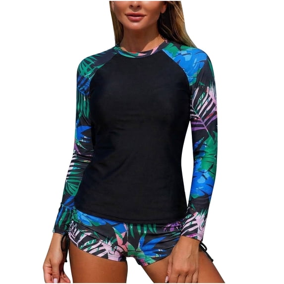 QSAWXQZ Women's 2 Piece Rash Guard Set Long Sleeve Swim Shirt with Boy Shorts Print Crew Neck Sun Protection Surfing Suit L
