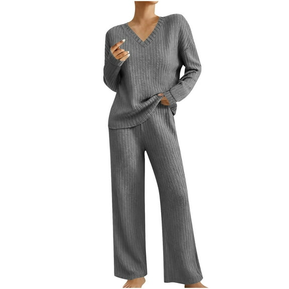 QSAWXQZ Women's 2 Piece Ribbed Loungewear Set Long Sleeve V Neck Pullover Shirt Elastic Waist Straight Leg Pants Solid Pajamas Suit Dark Gray XL
