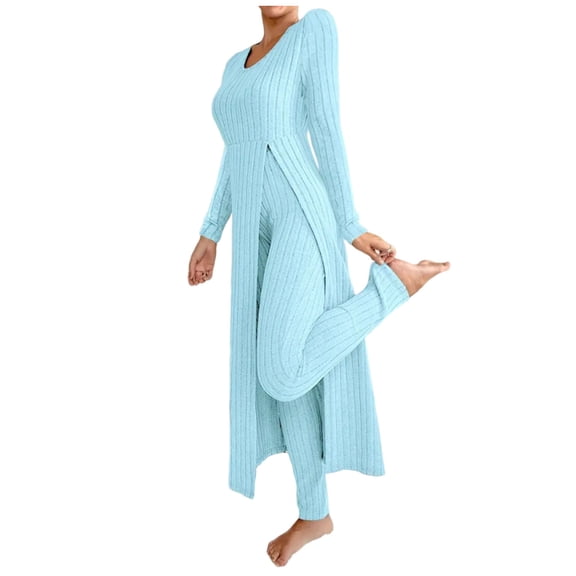 QSAWXQZ Women's 2PC Loungewear Set Ribbed Long Sleeve Crewneck Solid Slit Pullover Dress Top Elastic Waist Leggings Going Out Pajamas Sky Blue 2XL