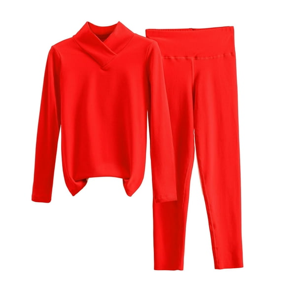 QSAWXQZ Women's 2PC Ribbed Base Layer Set Long Sleeve Cross V Neck Pullover Top Elastic Waist Leggings Thermal Underwear Set for Layering Red M