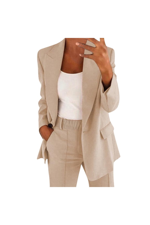 Women's 2PC Suit Set Notch Lapel Long Sleeves Tailored Blazer Elastic Waist Straight Leg Trousers with Pockets Office Outfit for Work 3XL