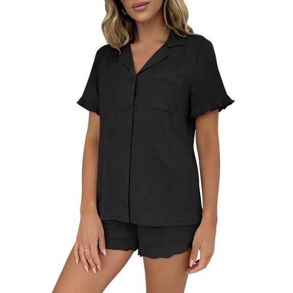 QSAWXQZ Women's 2pc Pajama Set Short Sleeve Collar Button Down Shirt Ruffle Shorts Sleepwear 2XL
