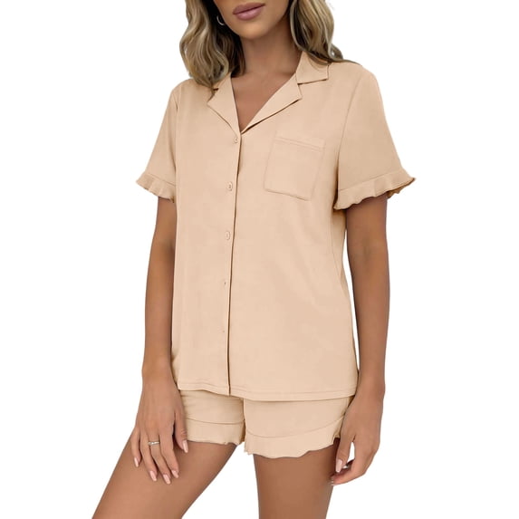 QSAWXQZ Women's 2pc Pajama Set Short Sleeve Collar Button Down Shirt Ruffle Shorts Sleepwear M