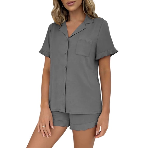 QSAWXQZ Women's 2pc Pajama Set Short Sleeve Collar Button Down Shirt Ruffle Shorts Sleepwear XL