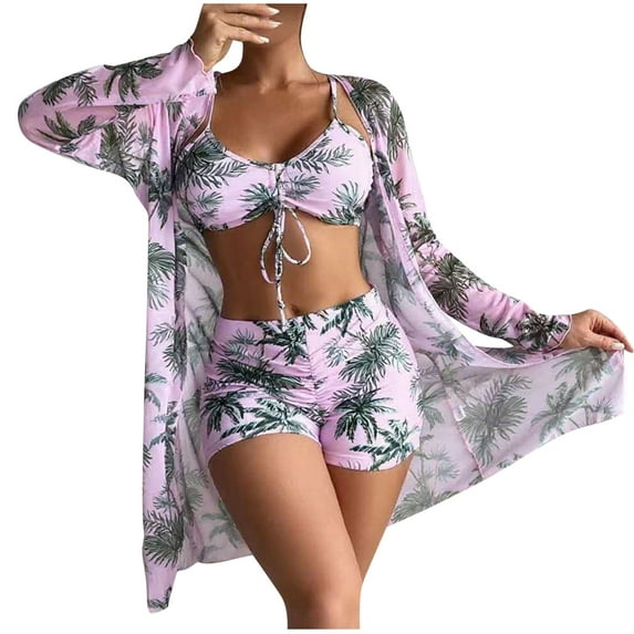 QSAWXQZ Women's 3 Piece Beach Cover Up Set Print Long Sleeve Cardigan Bikini with Boyshorts Swimsuit Outfit Purple L