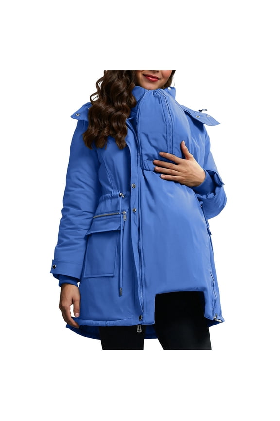 Women's 3-in-1 Maternity Jacket Baby Carrier Coat Long Sleeve Zip Up Winter Cardigan Parka with Removable Panel Blue 2XL