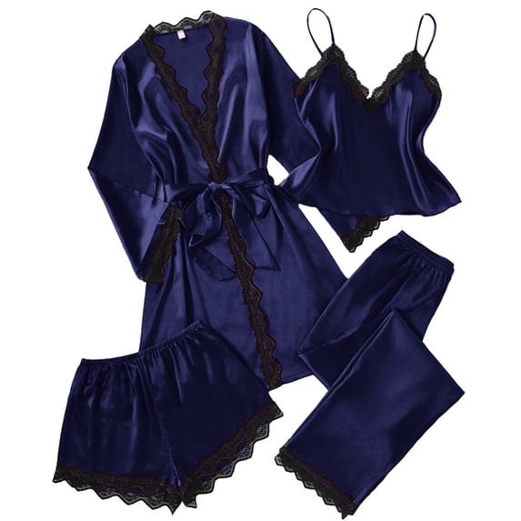 QSAWXQZ Women's 4 Piece Satin Pajama Set with Robe Cami Shorts and Pants Lace Trim Sleepwear Loungewear Suit Dark Blue 3XL