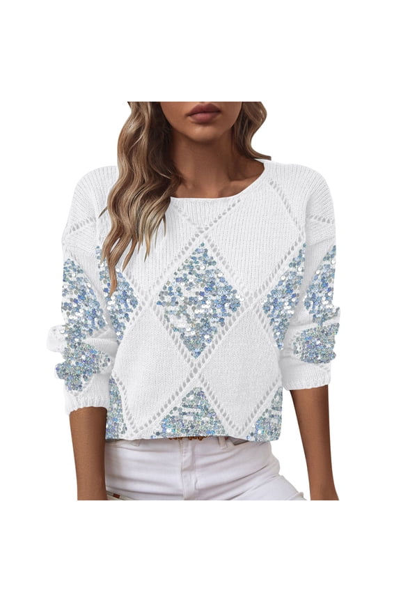 Women's Argyle Knit Sweater Sequin Hollow Out Crew Neck Long Sleeve Solid Pullover Top White 2XL