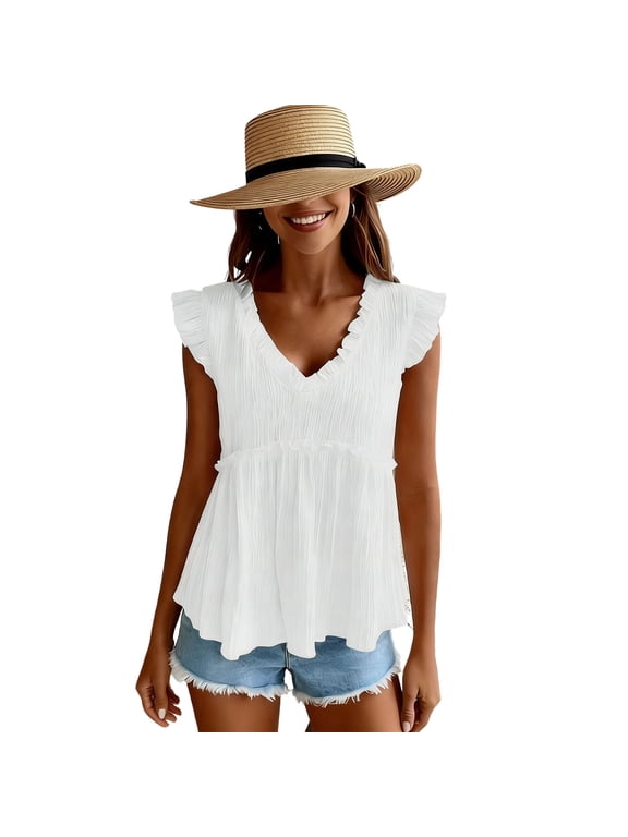 Women's Babydoll Peplum Top V Neck Flutter Sleeveless Casual Oversized Flowy A-Line Swing Top for Vacation Summer Wear S