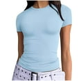 thumbnail image 1 of QSAWXQZ Women's Basic Tee Short Sleeve Crew Neck Slim Solid Stretchy Solid Undershirt Top for Layering Workout Casual Light Blue XL, 1 of 7