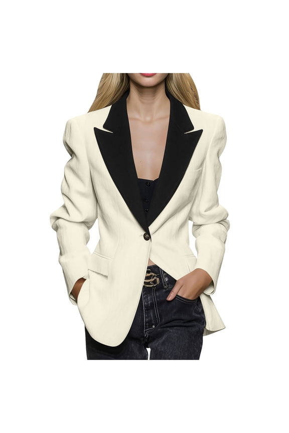 Women's Blazer Color Block Lapel Collar Long Sleeve One Button Formal Party Cardigan Suit Jacket Elegant Evening Coat 2XL
