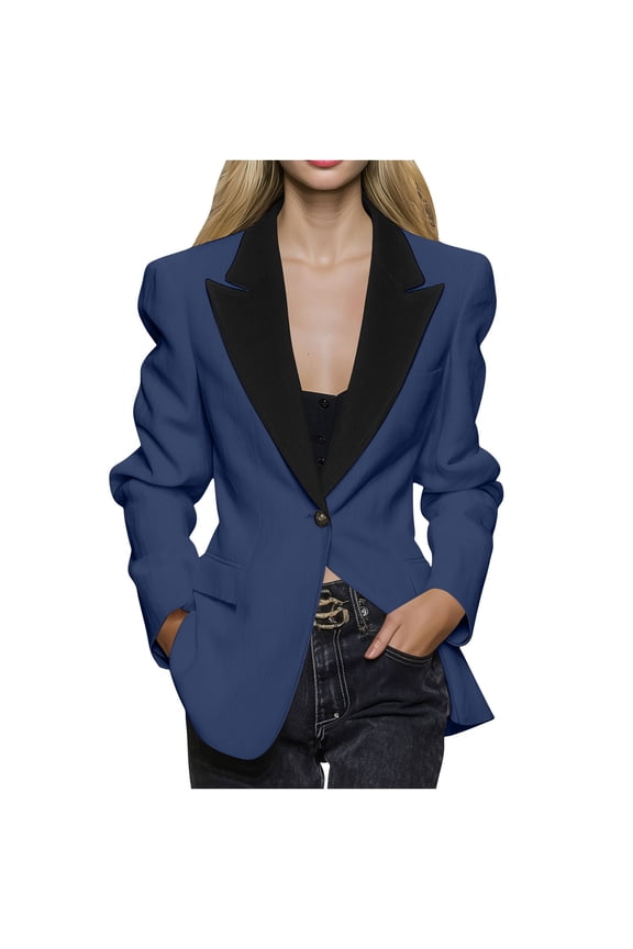 Women's Blazer Color Block Lapel Collar Long Sleeve One Button Formal Party Cardigan Suit Jacket Elegant Evening Coat S
