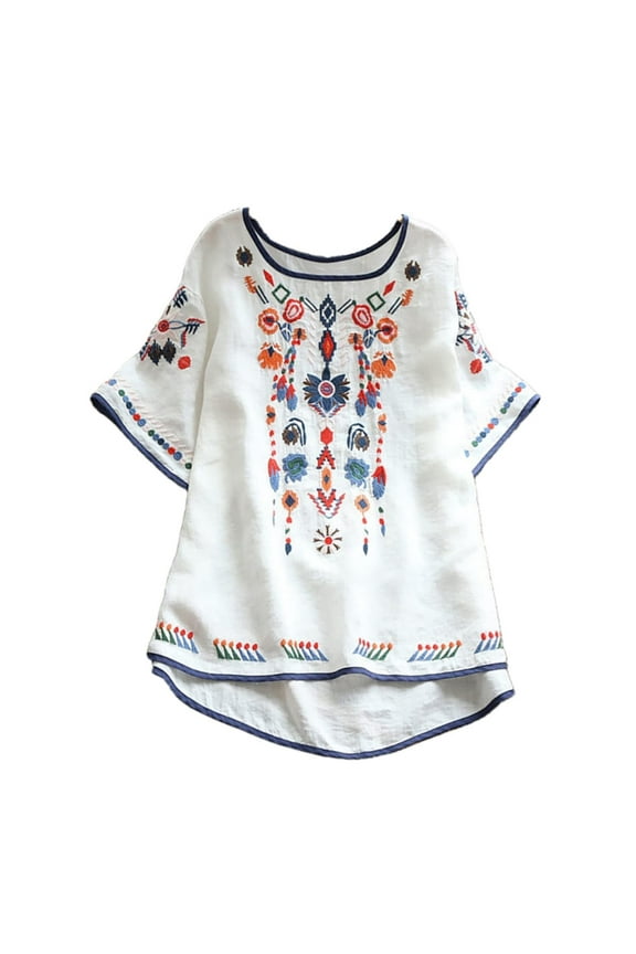 Women's Boho Blouse Crew Neck Short Sleeve Floral Embroidered High Low Hem Tunic for Vacation Holiday Summer White M