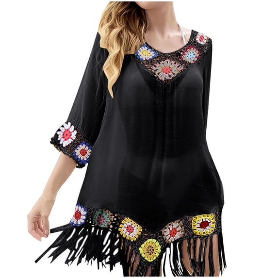 QSAWXQZ Women's Boho Crochet Trim Cover Up Dress Three Quarter Sleeve Crew Neck Hollow Out Tunic Sheer Tassel Fringe Beachwear Black Free Size
