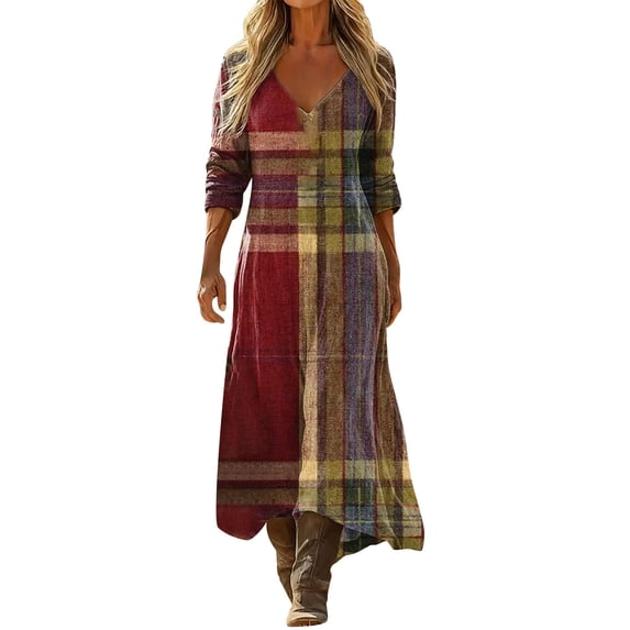 QSAWXQZ Women's Boho Plaid Maxi Dress V Neck Long Sleeve Casual Loose Flowy A-Line Shirt Sun Dress for Beach Vacation Outfit 2XL